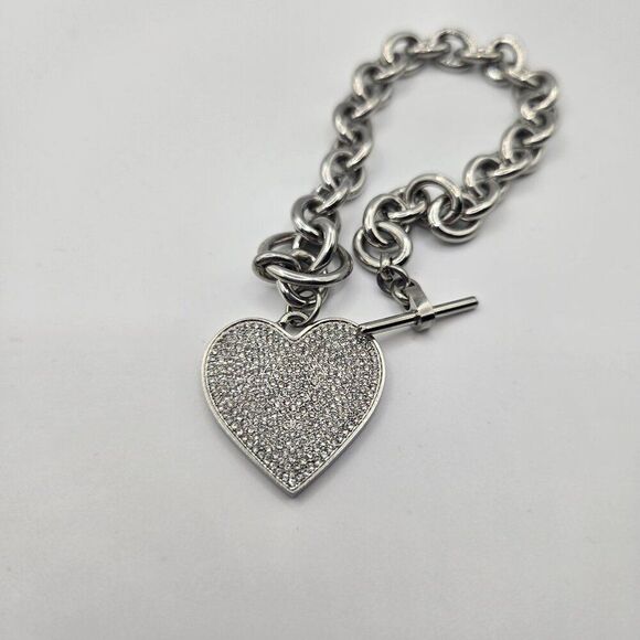 Michael Kors Silver Heart Charm Bracelet With Toggle Clasp & Pavé Crystal Detail - Picture 2 of 4